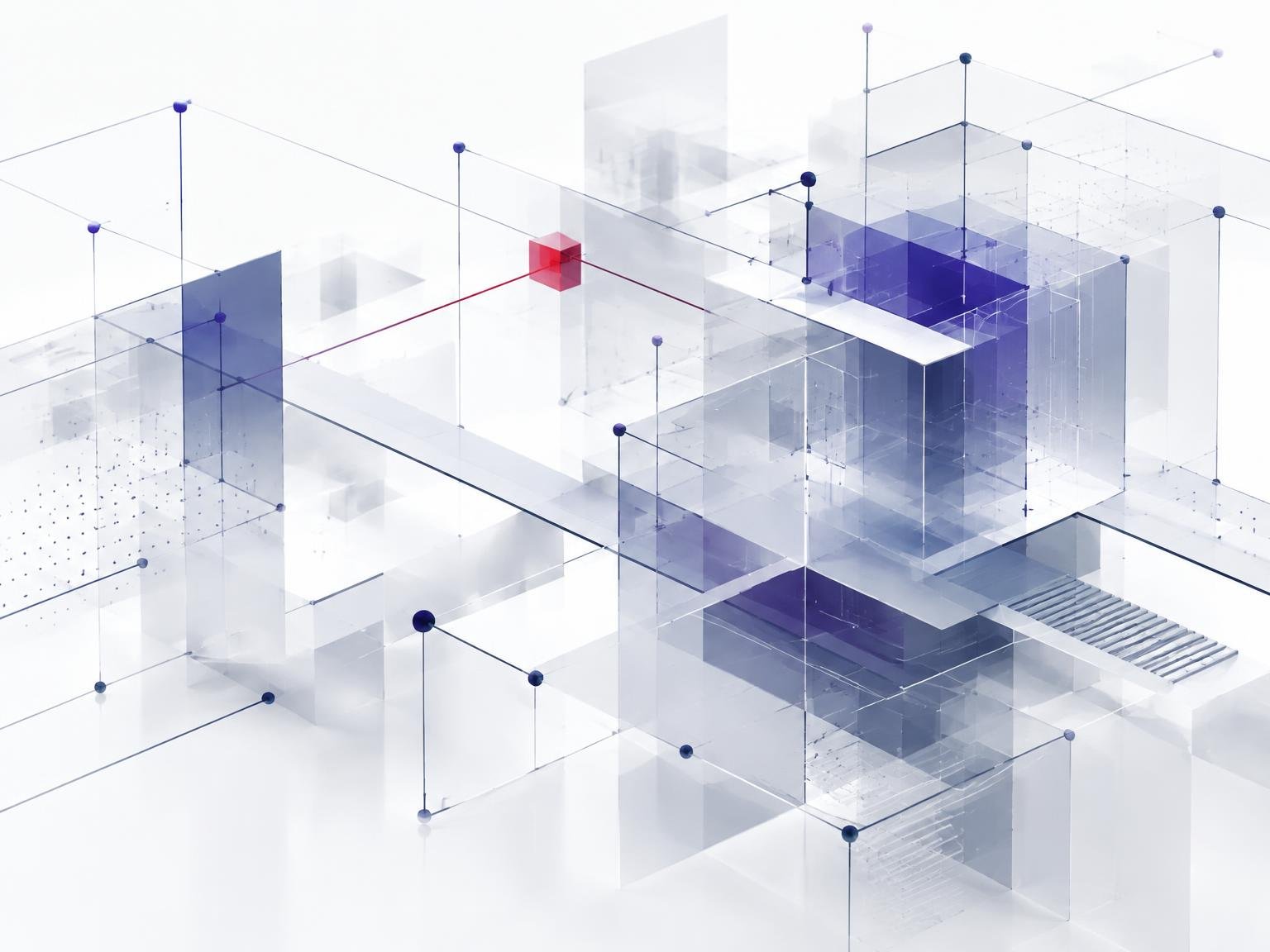 Abstract layered architectural structure of glass planes and connected nodes in indigo and graphite