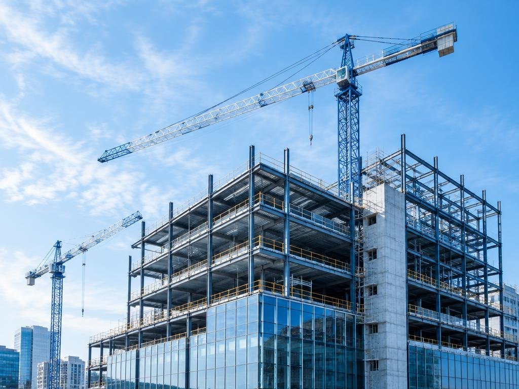 Steel framework of a commercial building under construction with tower cranes