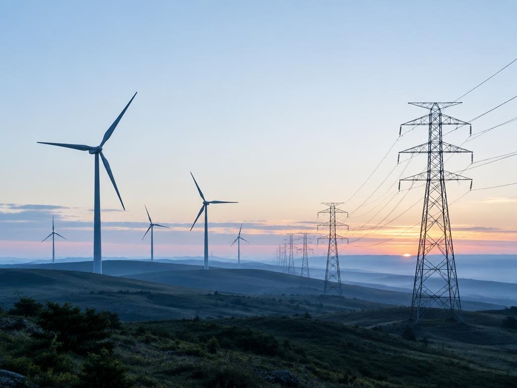 Wind turbines and high-voltage transmission towers at dawn