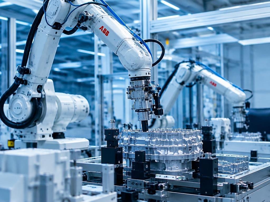 Precision robotic arms assembling components in a bright manufacturing facility