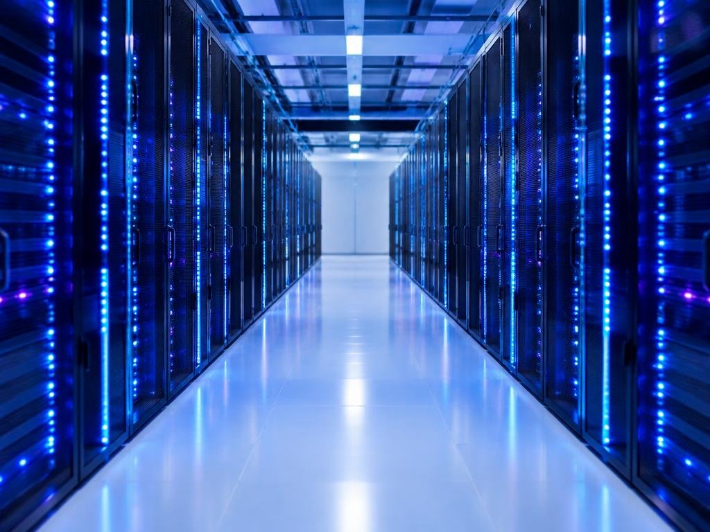 Rows of illuminated server racks inside a modern data center
